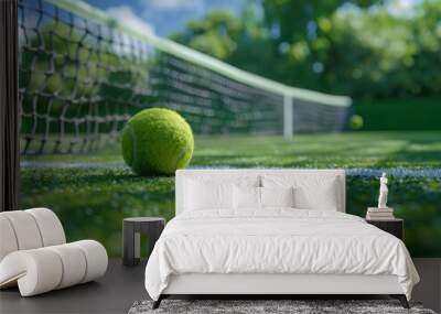 A tennis ball rests on the grass near a sports net, ready for play Wall mural