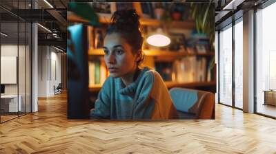 A woman sits in front of a computer monitor, focused on her work Wall mural