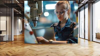 A woman works on a machine in a busy factory, one informative phrase about what pictured on image and a one phrase with a short advice of where may be used this picture Wall mural