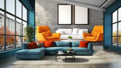 Contemporary Living Room with Orange Chairs and Two-Piece Sofa Wall mural