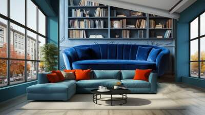 Elegant Living Room with Blue Velvet Sofa Wall mural