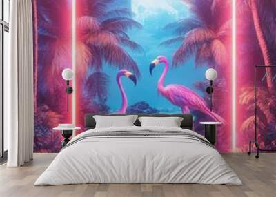 Flamingos pose near bright colored neon backdrop Wall mural