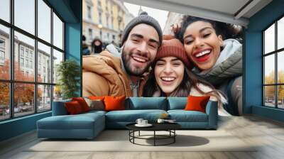 Friends having fun and taking a selfie together in a casual setting Wall mural