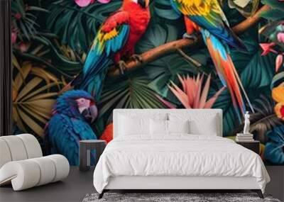 Group of colorful parrots sitting on a tree branch, looking around Wall mural