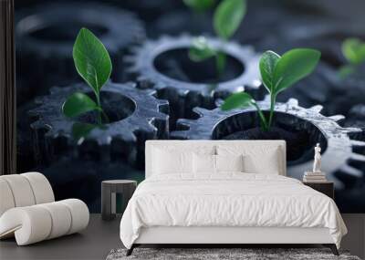 Growth and Industry: Sprouts Emerging from Industrial Gear Wall mural