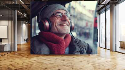 Joyful Elderly Gentleman Listening to Music Wall mural