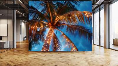 Palm tree adorned with festive holiday lights for Christmas decoration Wall mural