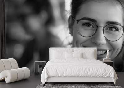 Portrait of a happy woman wearing glasses and smiling directly at the camera Wall mural