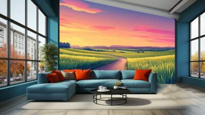 Serene Sunset over Rural Fields Wall mural