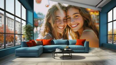 Two friends smiling and posing for a photo shoot Wall mural