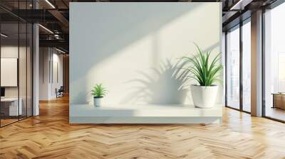 Two potted plants sitting on a white shelf, perfect for home decor or office use Wall mural