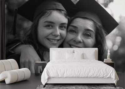 Two women share a moment of celebration and affection on graduation day Wall mural