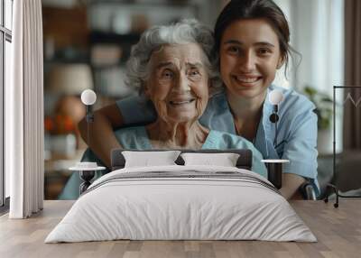 cheerful nurse hugging smiling senior woman Wall mural