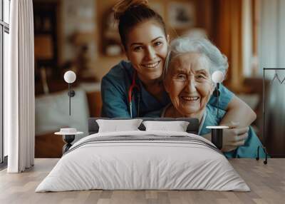 cheerful nurse hugging smiling senior woman Wall mural