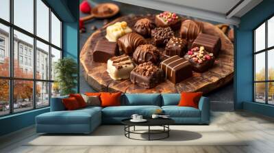 Chocolate pralines with different tasty on wooden plate sweet food background Wall mural