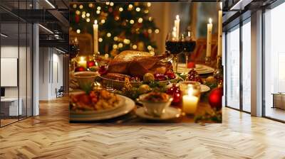 Christmas dinner the christmas table is served with a duck decorated with bright tinsel and candles fried chicken or duck table family cozy dinner Wall mural