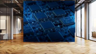 Circuit board. Electronic computer hardware technology. Motherboard digital chip. Tech science EDA background. Integrated communication processor. Information CPU engineering 3D render Wall mural