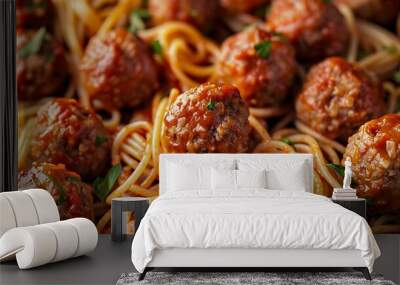 Close up of delicious meatballs pasta with tomato sauce from above tasty homemade meatballs spaghetti concept food pattern background Wall mural