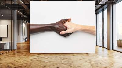 Close-up photo of two arms different race skin color isolated on white background Wall mural