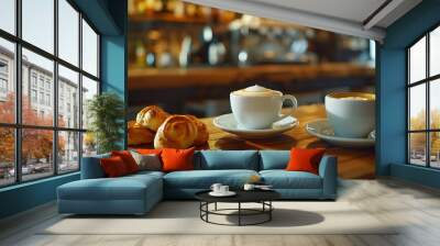 Close up view of two cups of coffee with pastries on a wooden table in a bar Wall mural