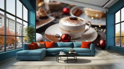 coffee cup with ornaments and traditional dessert delight on cafe table Wall mural