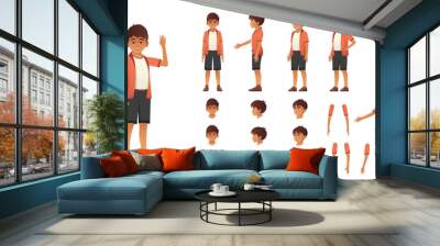 Complete character design of a young boy with various facial expressions and poses for animation. Wall mural