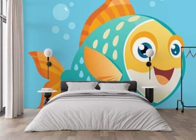 Cute cartoon fish with fin and smiling lips. Vector illustration set of funny sea or ocean animal characters. Aquarium or marine underwater creature collection. Aquatic bottom wildlife habitats Wall mural