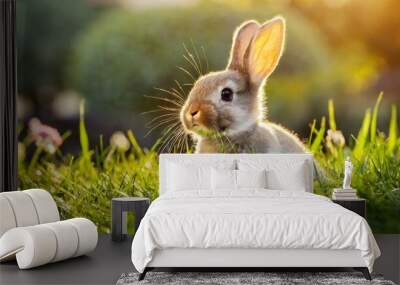 cute little bunny in grass with ears up looking away Wall mural