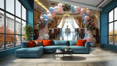 Decorated restaurant hall for celebration a large balloon arch in two colors with beautiful flower arrangements decorates the restaurant hall Wall mural