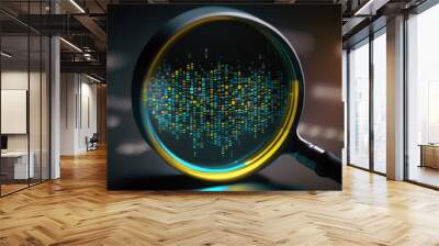 digital signs and symbols in a magnifying glass, the concept of searching for information, working with big data and finding errors in the code, created by a neural network, Generative AI technology Wall mural