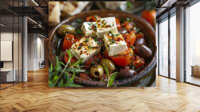 Dish with fresh tomatoes olives organic feta cheese and traditional pita bread crete island greece Wall mural