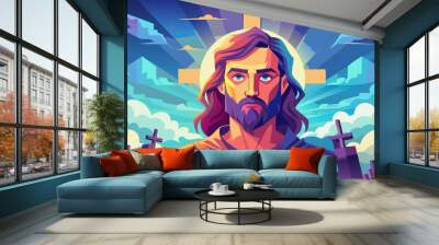 Double exposure of Jesus Christ and the cross on sky background. Digital artwork. Wall mural