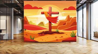 Easter, love and sacrifice. Cross with red cloth in the desert. Wall mural