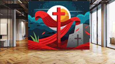 Easter, love and sacrifice. Cross withe red cloth and full moon in the background, grunge style. Digital illustration. Wall mural