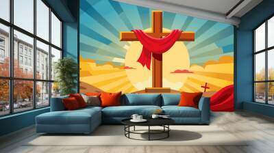 Easter, love and sacrifice. Wooden cross with red cloth and rays of light on sky background. Wall mural