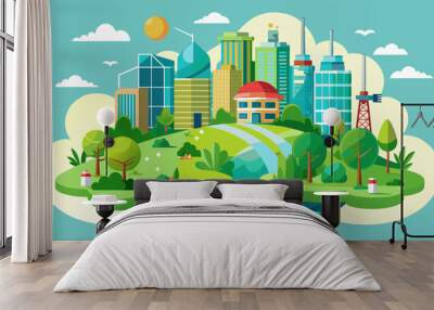 Ecology concept with green city and trees. Wall mural