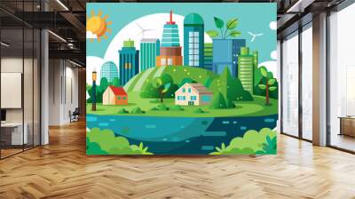 Ecology concept with green city and trees. Wall mural