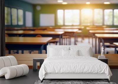 empty wooden table with a blurred classroom background featuring bright sunlight and soft bokeh lights ideal for educational themes Wall mural