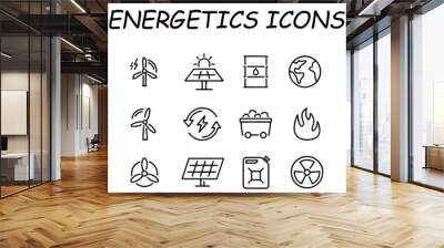 Energetics. Electric energy linear icons set. Electricity. Power generation and accumulation. Icon set. Isolated vector. Wall mural