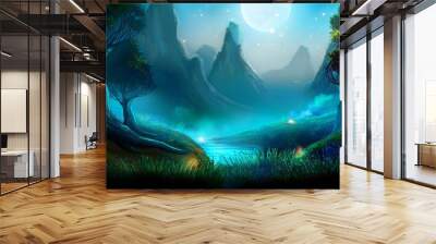 fantasy landscape magical night fairy tale forest digital art ai artwork background or wallpaper Wall mural