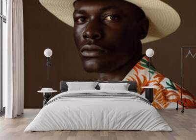 fashionable portrait of black in a white hat and Hawaiian shirt Wall mural