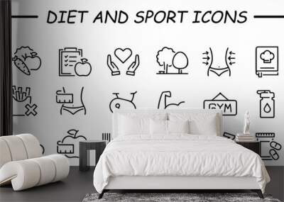 Fitness related line icon set. Gym exercises linear icons. Sport and training outline vector signs and symbols collection. Diet and sport. Wall mural