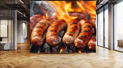 Five plump bratwurst or hot dogs on an old fashioned charcoal barbecue grill with flames surrounding them Wall mural