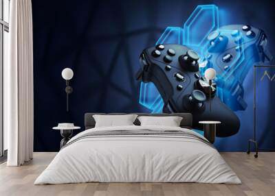 Futuristic games. Video games concept. The gamepad controls the flying robot of their video game. Blockchain games. Wall mural