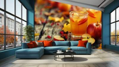 Glass of apple cider with apple slices on wooden table and autumn background Wall mural