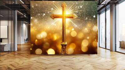 gold cross on background for christmas or easter jesus christ holiday concept Wall mural