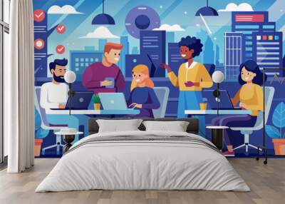 Group of developers working in office, abstract illustrations around, created with  Technology Wall mural