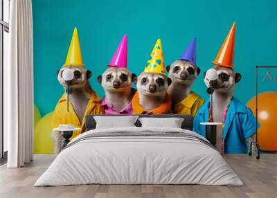 happy birthday party, meerkats in caps Wall mural