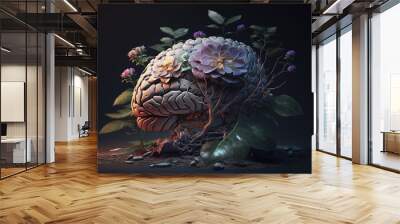 Human brain with flowers, created by a neural network, Generative AI technology Wall mural