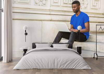 young african american college student studying in new york, wearing blue t shirt, black pants, snea Wall mural